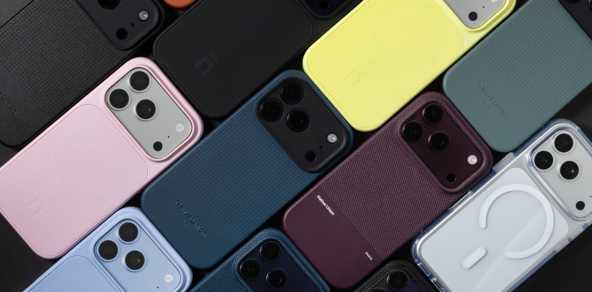Native Union iPhone 18 Pro cases laid out in a grid: Neo in Candy, Lemon and Black, Active in Navy and Slate Green, (Re)Classic in Burgundy, and the clear (Re)Clear Case with its MagSafe ring